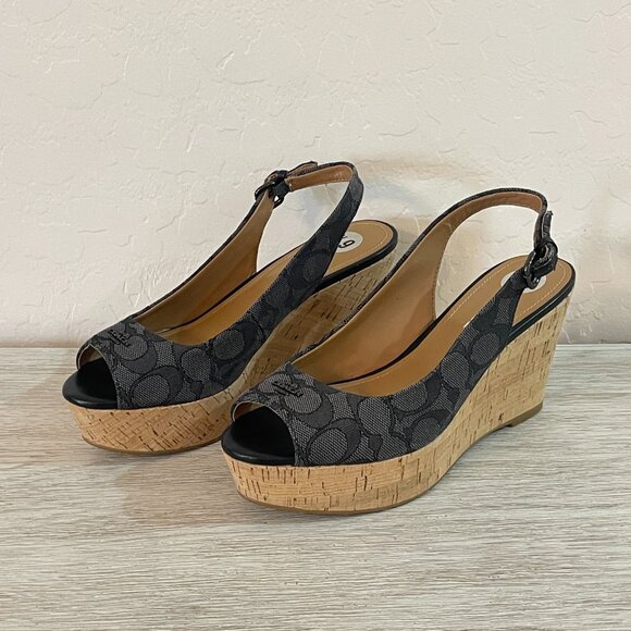 New Coach Sandals Heels Ferry 6.5 Black Gray Logo Platform Wedge NWOT Shoes - Picture 1 of 12